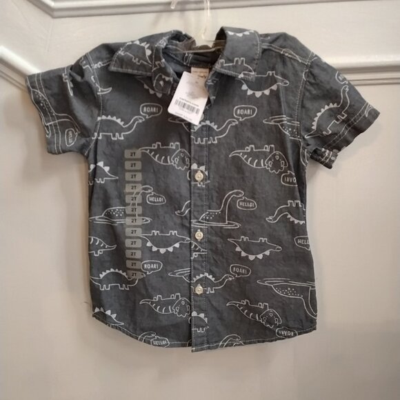 NWT Toddler Boys’ Dinosaur Button-Down Shirt – Gray Short Sleeve (2T) - Picture 1 of 3